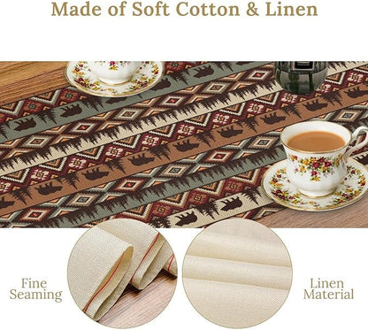 Retro Cabin Table Runner Rustic Bear Forest Farmhouse Lodge Jungle Table Runner for Dinner Party Living Room Kitchen Aztec Vintage 13x90 Inch