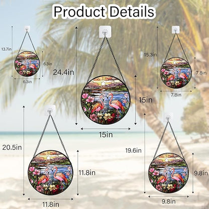 Stained Glass Window Hanging - Flamingo Wildflowers Landscape Suncatcher for Door Terrace Garden Home Decor Sunset Lake Sun Catcher Birthday Gifts for Lovers Women Men Dad Mom Nana 7.8 in