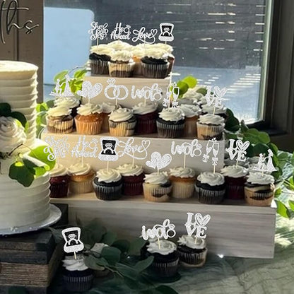 Ephlyn 30Pcs He Asked She Said Yes Cupcake Toppers Glitter Engagement Cupcake Toppers Diamond Ring Heart Love I Do Cupcake Picks for Engagement Wedding Party Cake Decorations Silver