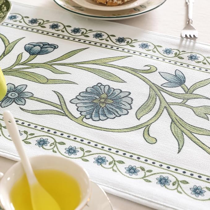 ISAENNE Designer Elegant Linen Table Runner 102 Inches Long,Vintage Blue Floral Pattern Decor Table Runners for Dining Tables,Kitchen Tables,Thanksgiving,Christmas,Banquet,12"*102"-Mosella E