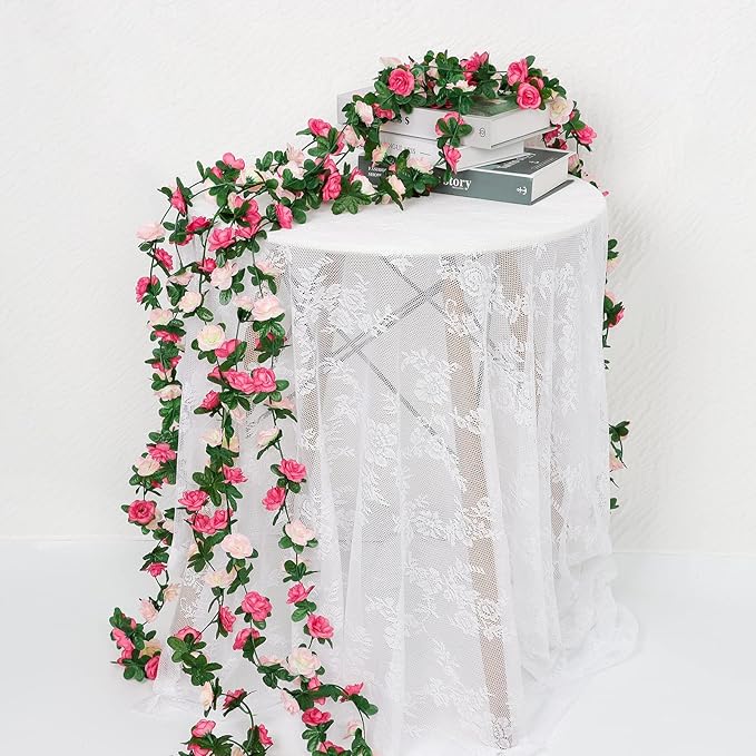 KHOYIME 9 Pack 72 FT Artificial Flower Garland, Fake Pink Roses Vines Silk Flowers Faux Plastic Outdoor Hanging Floral Ivy Garland Decorations for Wedding Arch Bedroom Home Wall Backdrop Room Decor