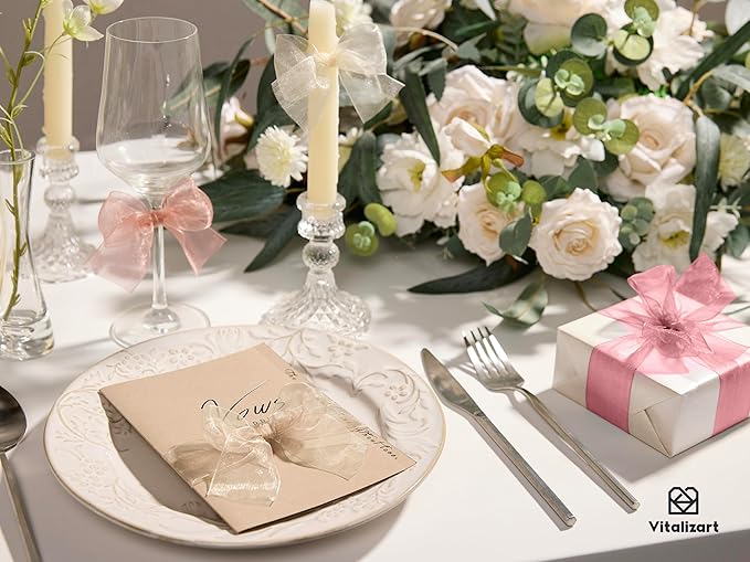 Vitalizart Organza Ribbon 1.5" x 30 Yd Pink Rose Gold & Cream White Sheer Ribbons for Gift Wrapping Crafts Christmas Wreaths Bows Party Decor Wedding Bouquet
