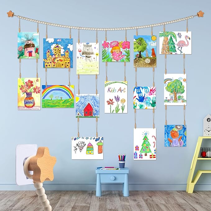 KOLLIEE Kids Artwork Display Art Wall Decor 4.93ft Boho Wooden Beaded Garland Collage Holder with Hanging Rings Stars Hook 40 Wood Clips for Kids Artwork Photo Room Bedroom Decor(Big Wooden Beads)