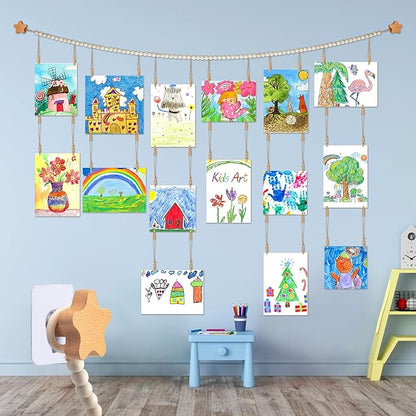KOLLIEE Kids Artwork Display Art Wall Decor 4.93ft Boho Wooden Beaded Garland Collage Holder with Hanging Rings Stars Hook 40 Wood Clips for Kids Artwork Photo Room Bedroom Decor(Big Wooden Beads)