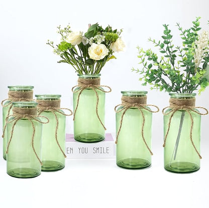 Vintage Glass Flower Vase，6 Pack Green Farmhouse Glass Centerpiece Vases Mason Jars for Weddings, Parties & Home Decor Bulk (6,Green)