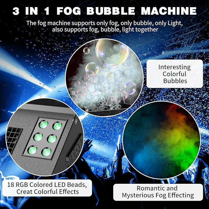2000W Fog Machine, 3 in 1 Fog Bubble Machine with 2 Bubble Fans, 18 RGB LED Lights Smoke Bubble ALL IN ONE Fog Machine, Bubble Machine for Halloween Christmas Party Wedding, 2 Pack