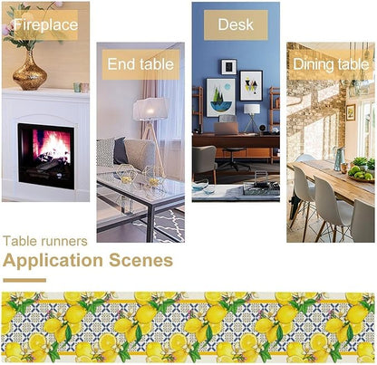 Lemon Table Runner,Spring Summer Seasonal Yellow Blue Table Runner for Kitchen Dining Table Home Party Decoration 13x90 Inch