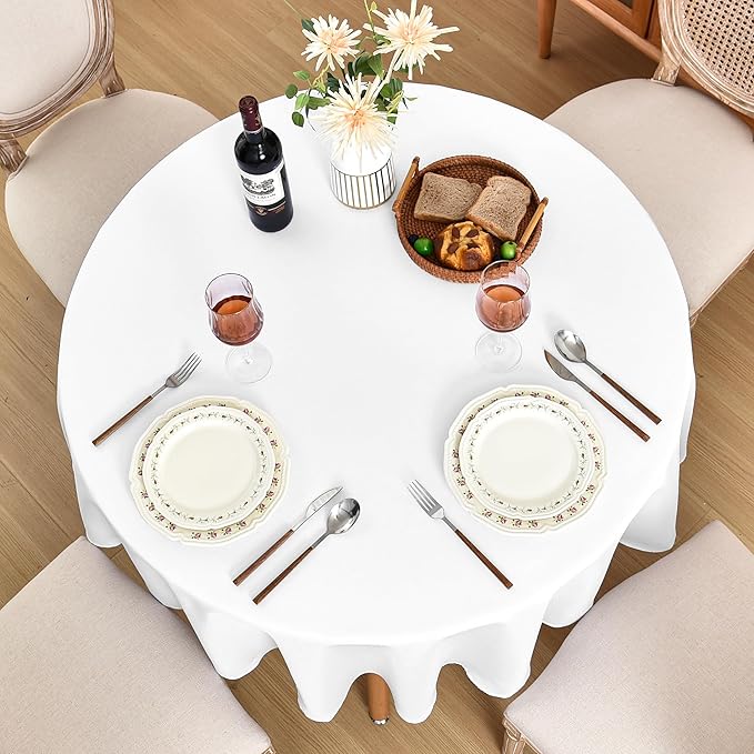 Fitable Faux Linen Round Tablecloths 90 Inch, 6 Pack - Fabric Textured Table Clothes for Round Folding Tables, Washable Neutral Table Covers for Wedding, Party, Banquet, Birthday, White