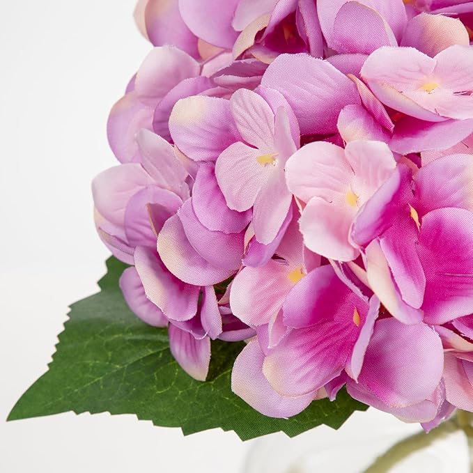 Hollyone Hydrangea Artificial Flowers with Glass Vase Purplish Pink Silk Faux Flowers Arrangements in Vase with Faux Water Fake Floral Bulk Bouquet for Home Decor Table Centerpiece Decorations