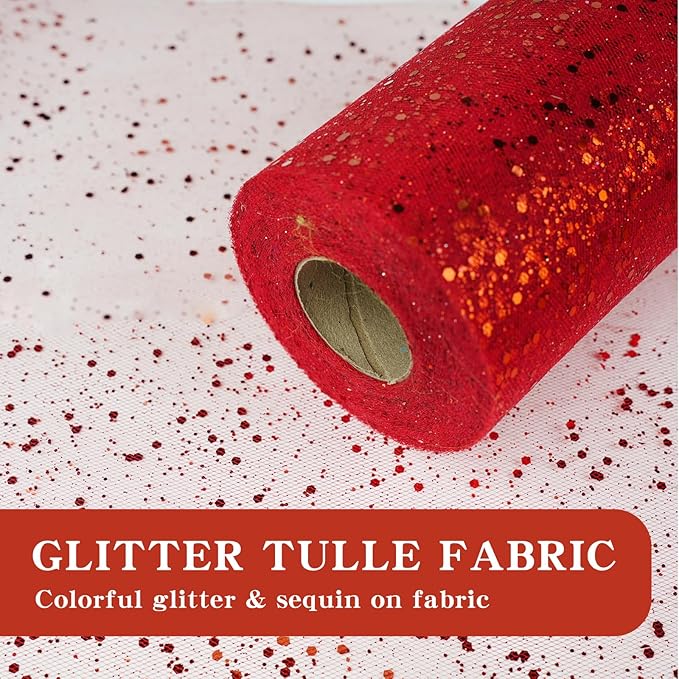 Glitter Tulle Rolls, 6” by 50 Yards (150FT) Sparkling Tulle Spool Ribbon Sequin Tulle Netting Fabric for Tutu Skirt Wedding Birthday Baby Shower (Red)