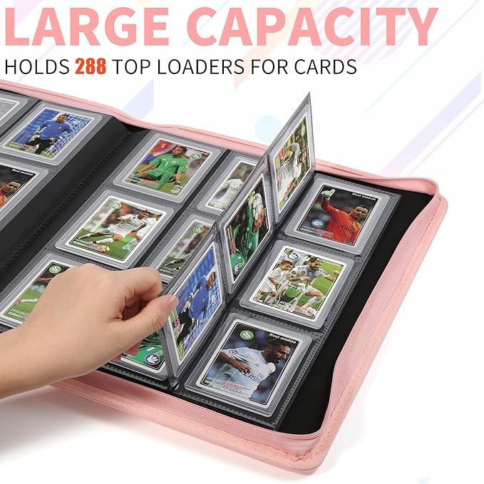 Toploader Binder,Holds 288 Toploaders,9 Pocket Double-Sided Top Loader Binders with Sleeves for 3 x 4'' Toploaders, Card Holder for Trading Cards or Sports Cards (Pink)
