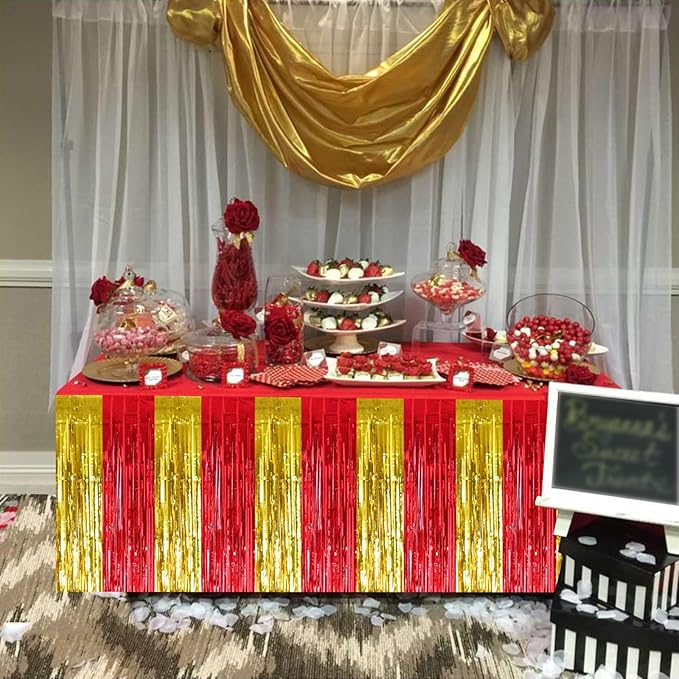 BEISHIDA 2 Pack Red Gold Table Skirts Party Decorations Metallic Tinsel Foil Fringe Decors for Rectangle and Round Table Birthday Chinese New Years Holiday Graduation Congrats 2026 Party