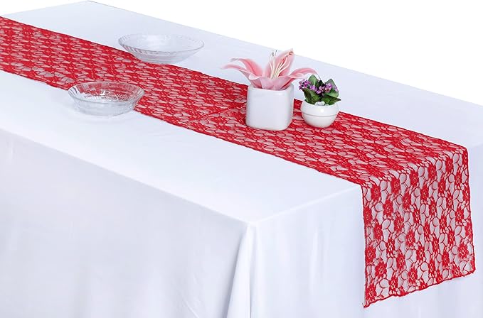 MDS Pack of 25 Wedding 12 x 108 inches Lace Table Runner for Wedding, Decorations for Birthday Parties, Banquets, Graduations, Engagements, and Runners fit Rectangle, Round Table- Red