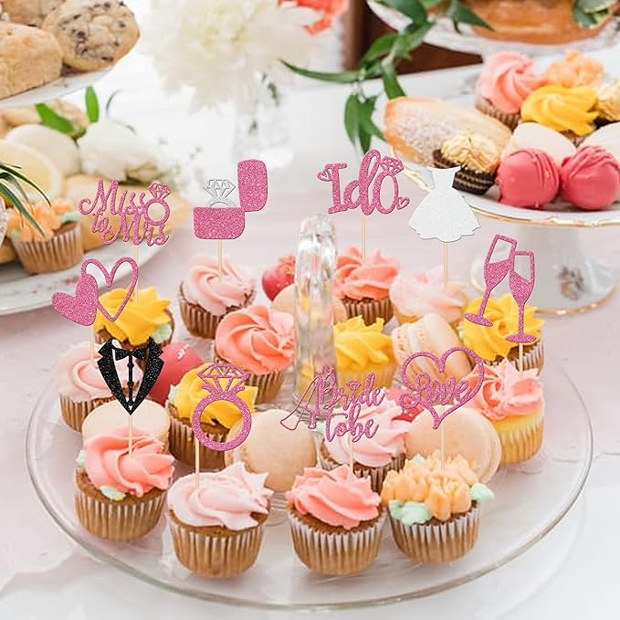 30 PCS Bride to Be Cupcake Toppers Glitter Miss to Mrs I Do Love Heart Ring Cupcake Picks Wedding Bridal Shower Cake Decorations for Wedding Engagement Bachelorette Party Supplies Pink