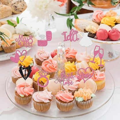 30 PCS Bride to Be Cupcake Toppers Glitter Miss to Mrs I Do Love Heart Ring Cupcake Picks Wedding Bridal Shower Cake Decorations for Wedding Engagement Bachelorette Party Supplies Pink
