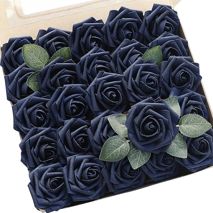 Floroom Artificial Flowers 25pcs Real Looking Navy Blue Foam Fake Roses with Stems for DIY Wedding Bouquets Bridal Shower Centerpieces Party Tables Home Decorations