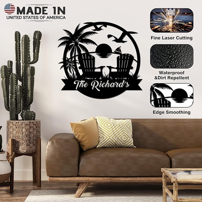Personalized Beach Decor for Home, Custom Metal Sign Outdoor Nautical Decor, Palm Trees Coastal Wall Art, Family Last Name Sign, Christmas Housewarming Wedding Gifts