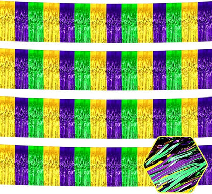 4 Pack 10 Feet Gold Green Purple Foil Fringe Garland Metallic Tinsel Streamers Banner Wall Hanging Curtain Backdrop for Parade Floats, Wedding, Graduate, Mother's Day, Birthday Party Decoration
