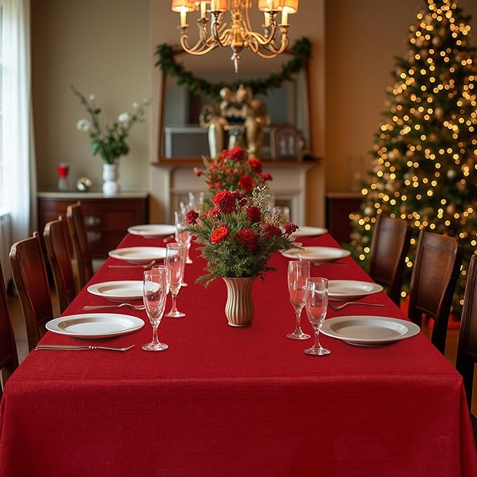 Fitable 2 Pack Faux Linen Christmas Tablecloths, Burlap Textured Fabric Table Clothes Rectangle, Rustic Decorative Table Covers for Winter Holiday Dinner Party Farmhouse (Red, 60 x 84 Inch)