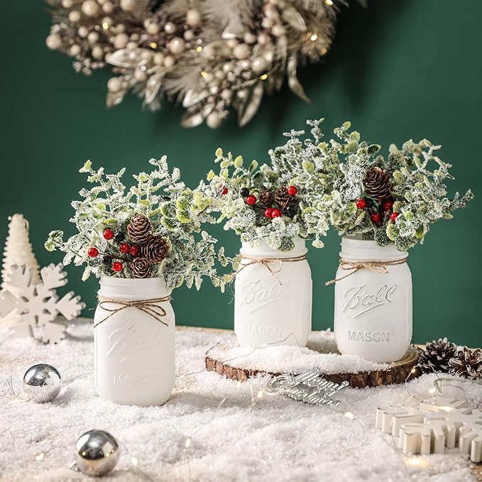Christmas Mason Jars, Set of 3 White Painted Jars with Artificial Pine and Berries in Wood Tray, Christmas Centerpieces for Dining Table, Winter Home Decor