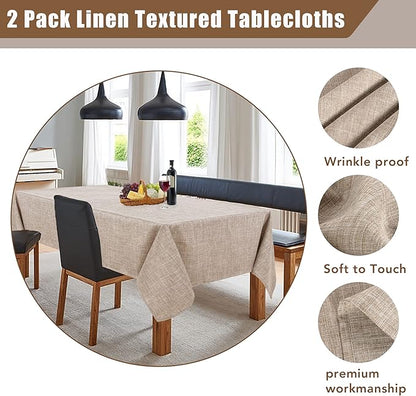 Fitable Faux Linen Tablecloths Rectangle 60 x 120 Inch - 2 Pack Neutral Table Clothes for 8 Foot Tables, Nature Faux Burlap Kitchen Table Covers for Dining, Party, Farmhouse, Banquet, Buffet