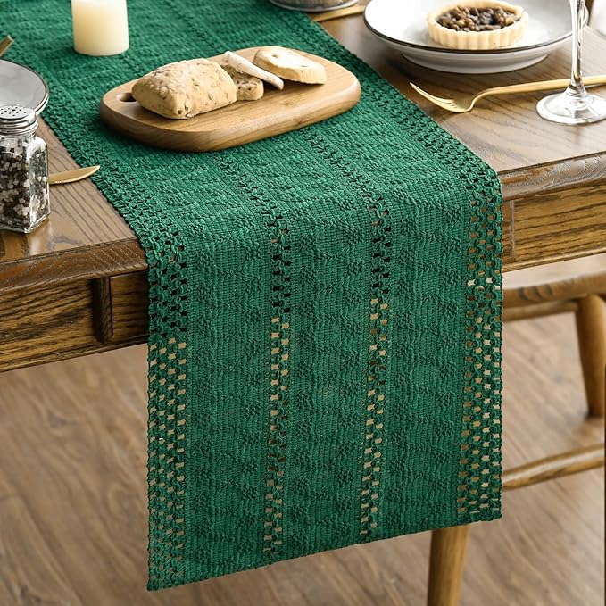 Artoid Mode Dark Green Farmhouse Woven Rustic Hollow Table Runner, Seasonal Holiday Hollow Kitchen Dining Table Decoration for Home Party Decor 12x60 Inch