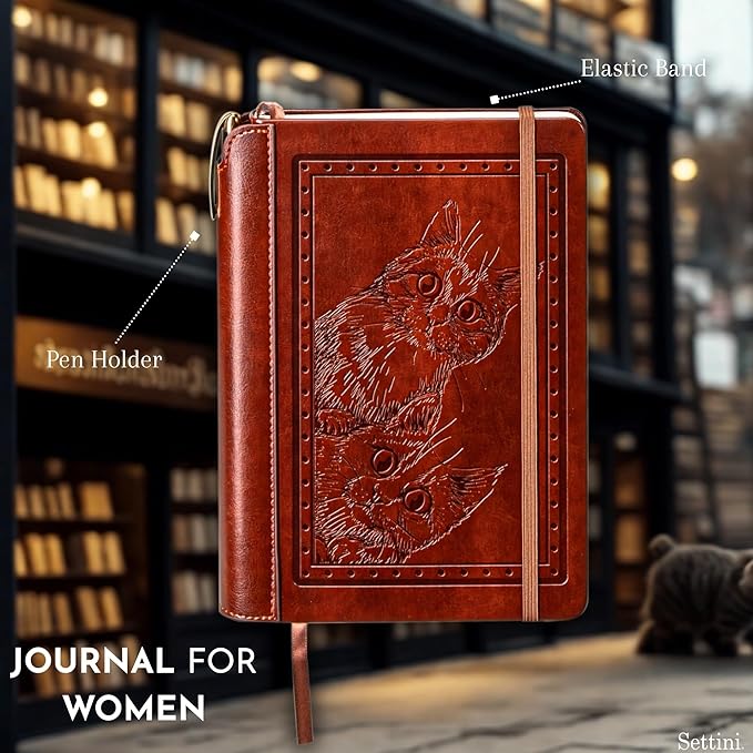 SETTINI® Lined Journal - Cat Journal for Writing Gift Set - Hardcover Vegan Leather, Includes Luxury Pen in a Unique Pen Holder, 192 Pages, 6 x 8.5 inches, Birthday Gift