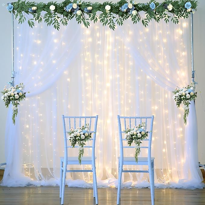 Sheer Backdrop Curtain with Lights String for Parites 20×10ft White Tulle Backdrop Curtain for Wedding Baby Shower Birthday Party Photo Shoot Decorations(4 Panels 5ft×10ft)