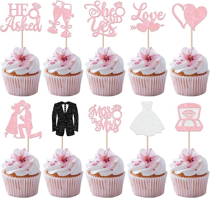 30 Pack Bride to be Cupcake Toppers Glitter Diamond Ring Love I Do Cupcake Picks Miss to Mrs He Asked She Said Yes Bridal Shower Wedding Engagement Bachelorette Cake Decorations Party Pink