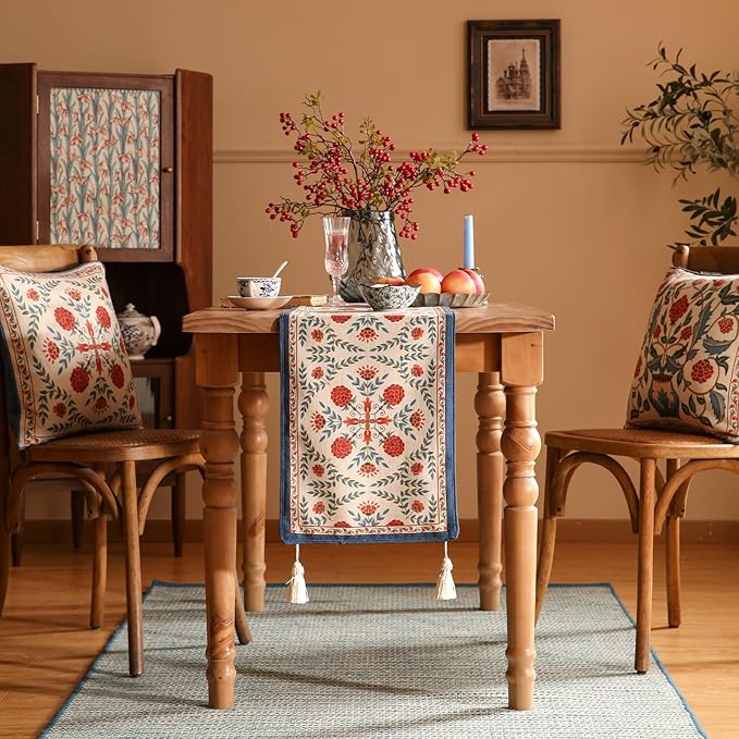 patdrea Designer Vintage Bright Farmhouse Linen Table Runner 71 Inch Long, Maroon Floral Pattern Table Mat, Decoration for Kitchen Dining Table Coffee Table Cabinet Banquet Christmas ,12"*71"