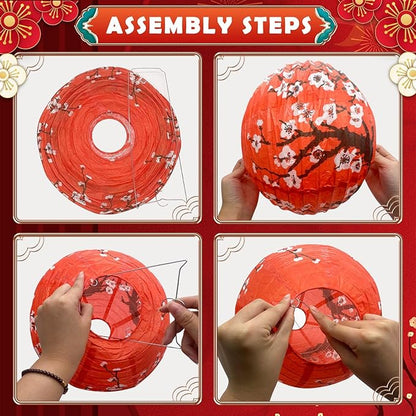 14Pcs Chinese Japanese Paper Lantern Assorted Sizes (8" 10" 12") Hanging Plum Blossom Red White Gold Chinese Lanterns for Chinese New Year Decorations, Lunar New Year, Spring Festival, Home Decor