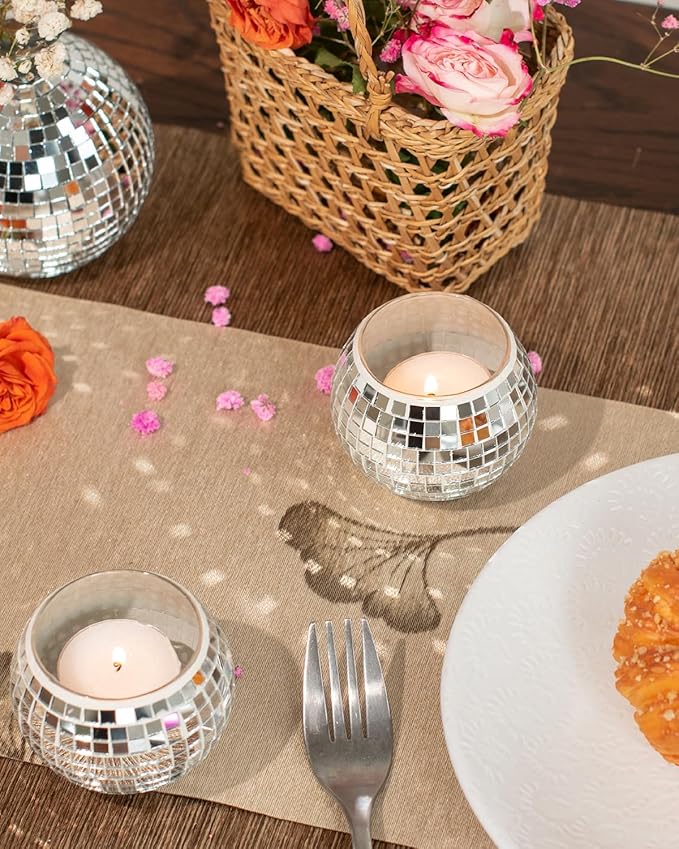 12 Pcs Disco Ball Candle Holder Glass Mirror Candle Holder Disco Ball Decor for Wedding, Party, and Christmas