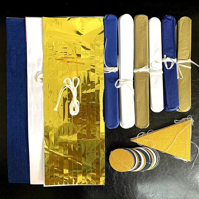 Navy Blue White Gold Party Decoration 23pcs Kits-Paper Flowers,Banner Flags,Circle Banner,Tassel Garland Birthday Bachelorette Boy Baby Shower Gender Reveal Graduation Decorations Lasting Surprise