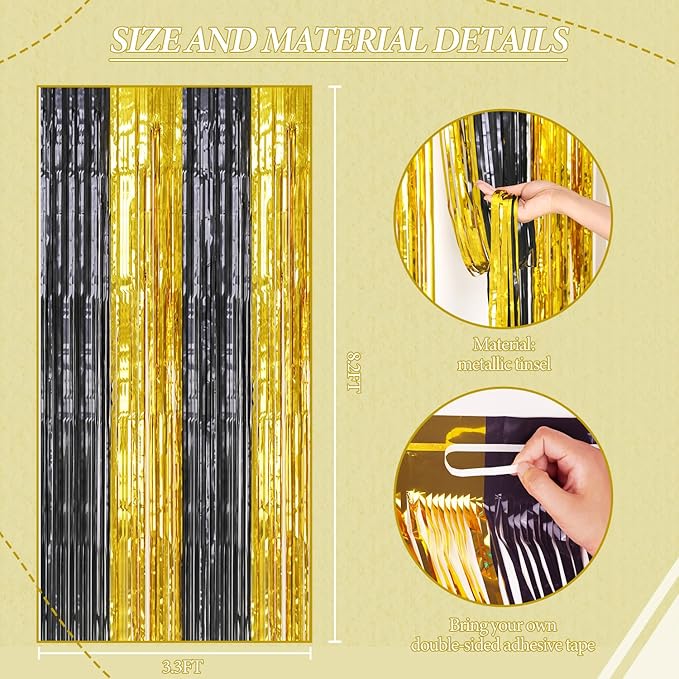 3 Pack Foil Fringe Backdrop - Black&Gold Shiny Tinsel Curtains for Party Decoration/Photo Booth Props - 3.3x8.2 FT Metallic Foil Backdrop for Birthday, Wedding, Graduation, Christmas.