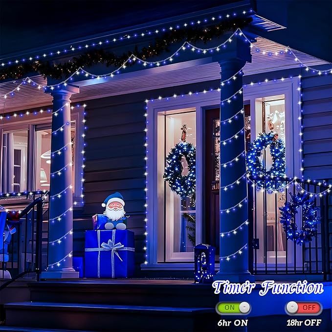 YEGUO 165ft 500 LED Blue and White Christmas Lights Outdoor Waterproof, Clear Wire String Lights Indoor Plug in, 8 Modes Clear Wire Twinkle Tree Light for Xmas Party Garden