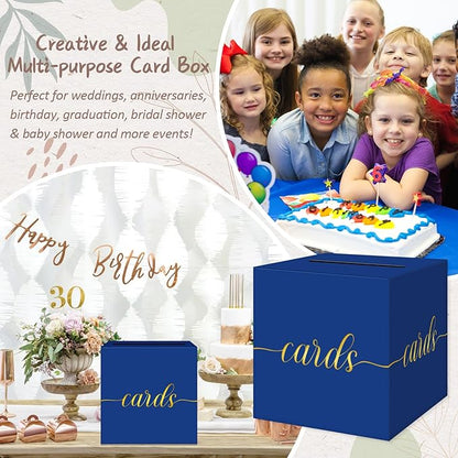 QIKSION Blue Graduation Card Box, Gold Foil Gift Card Box for Party, Graduation, Wedding Reception, Birthday, Baby Shower, Raffle