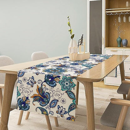 Oriental Paisley Table Runner, Luxury Vintage Blue Teal Floral Butterflies Print Table Runner for Home Dining Kitchen Coffee Table Party Decor, 13x70inch