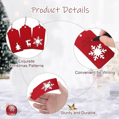 Aneco 150 Pieces Christmas Paper Gift Tags Red Kraft Tags Hang Labels Christmas Tree Snowflake Reindeer Design with 30 Meters Twine for Christmas DIY Wrapping Favor Holiday Present