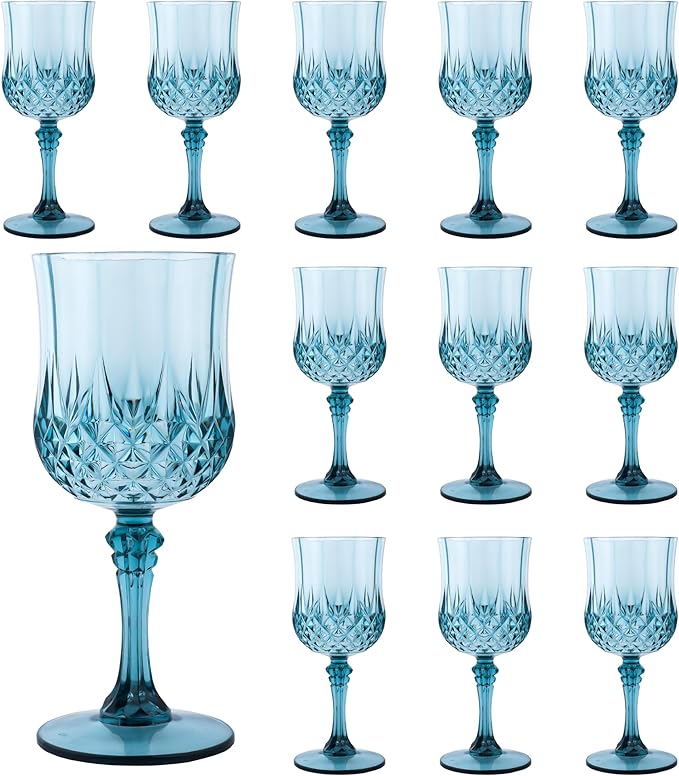 Plastic Wine Glasses，Plastic Goblets Vintage Style Cordial Drinking Glasses for Wedding Reception, Grand Event Party Supplies (12, Dusty Blue)