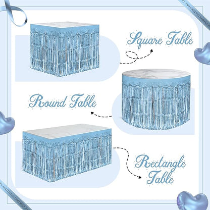 2 Pack Light Blue Table Skirts, 29x108" Metallic Foil Tinsel Fringe Table Skirts for Rectangle Tables Streamer Curtains Backdrop, Party Decorations for Birthdays Weddings Holidays