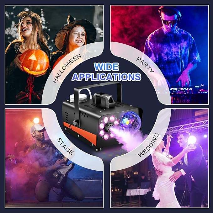1200W Fog Machine, Halloween Smoke Machine Fog with Disco Ball Lights, 6000CFM with 13-Color LED Effects, Wired And Wireless Remote Controls, Ideal for Indoor, Outdoor, Wedding, Parties, and DJ Stage