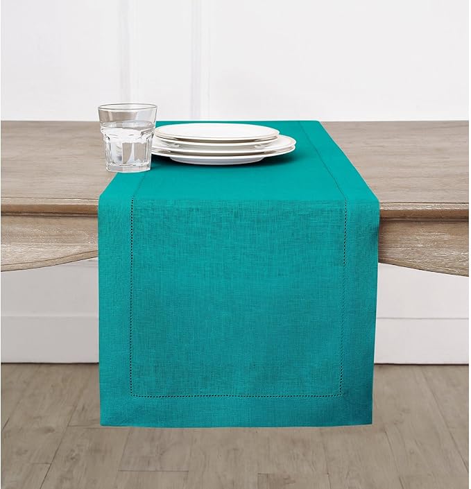 Solino Home Linen Teal Table Runner 132 Inches Long - 100% Pure Linen Extra Long Table Runner 14 x 132 Inch for Fall, Autumn - Classic Hemstitch