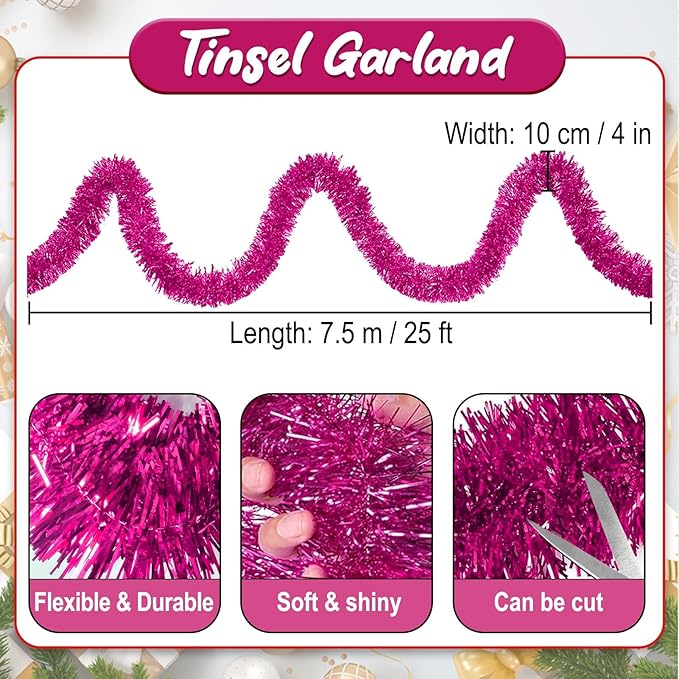 25 Feet Fuchsia Christmas Tinsel Garland, Metallic Foil Twist Banner Wall Hanging Tinsel Streamers Backdrop for Parade Floats, Christmas, Mother's Day, Birthday Party Decorations(4in x 25ft)