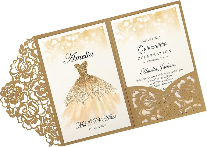 DORIS HOME 50pcs Laser Cut Quinceanera Invitations Gold, 4.7x7.1 Personalized Quince Invitations for 15th Birthday, Invitation cards for Sweet 16 with Envelopes