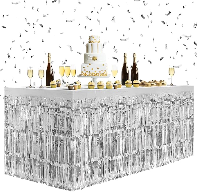 2 Pack Silver Table Skirts, 29x108" Metallic Foil Tinsel Fringe Table Skirts for Rectangle Tables Streamer Curtains Backdrop, Party Decorations for Birthdays Weddings Holidays