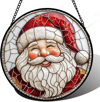 Stained Glass Window Hanging - Red White Santa Claus Suncatcher for Doors Home Christmas Decoration Winter Sun Catcher Thanksgiving New Year Birthday Gifts for Women Men Mom Nana Girl 11.8 in