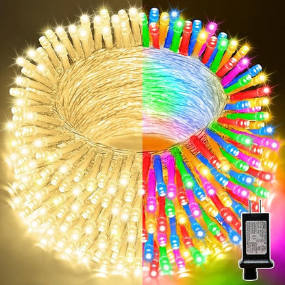 LAMPHOME 33ft Christmas Decorative Mini Lights, 100 LED Transparent Wire Fairy Starry String Lights Plug in, 12 Lighting Modes, for Indoor Outdoor Xmas Tree Wedding Party Decoration (Warm+Multicolor)