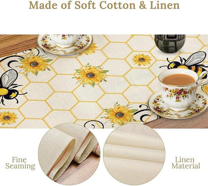 Bee Sunflower Table Runner, Farmhouse Orange Honeycomb Vintage Spring Summer Flowers Print Table Cover for Party Wedding Home Kitchen Dining Table Decor, 13x108inch