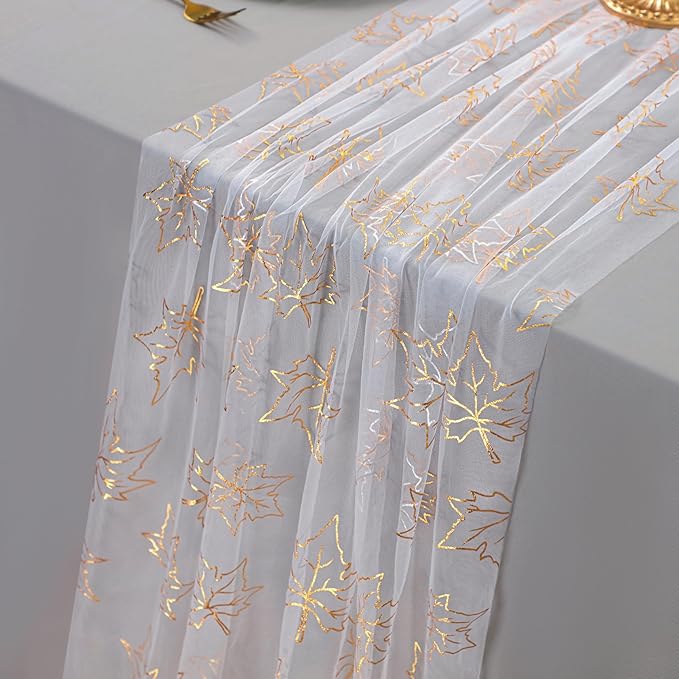 Snowkingdom Fall Table Runner, 10ft Gold Maple Leaves Gauze Chiffon Table Runners, Thanksgiving Decoration Sheer Cheesecloth Runner for Autumn Harvest Glitter White Sparkle Dining Party Decor 120 Inch