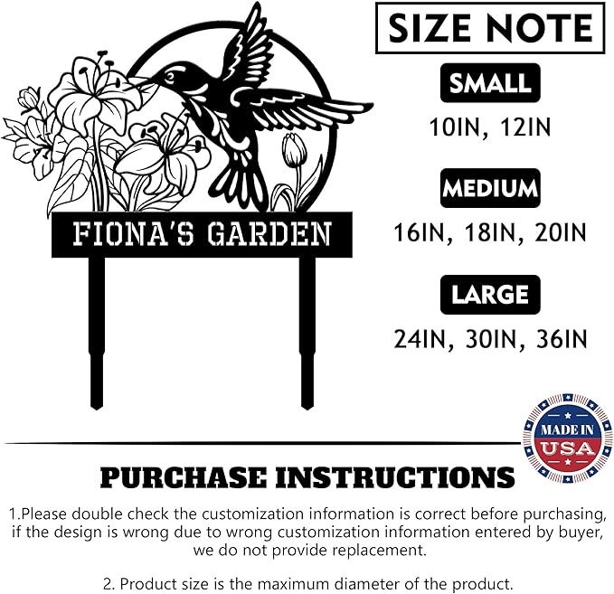 Personalized Garden Signs for Outside, Custom Metal Hummingbird Flowers Garden Decor with Stake, Custom Name Signs Outdoor Yard Patio Backyard Metal Decor Home Gifts